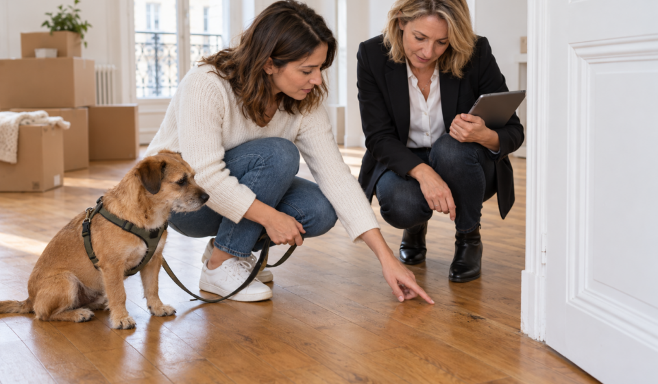 Louer avec un animal : quels points clarifier lors de l’état des lieux ? Une locataire et une agente examinent le parquet pendant qu’un petit chien reste calmement à proximité.