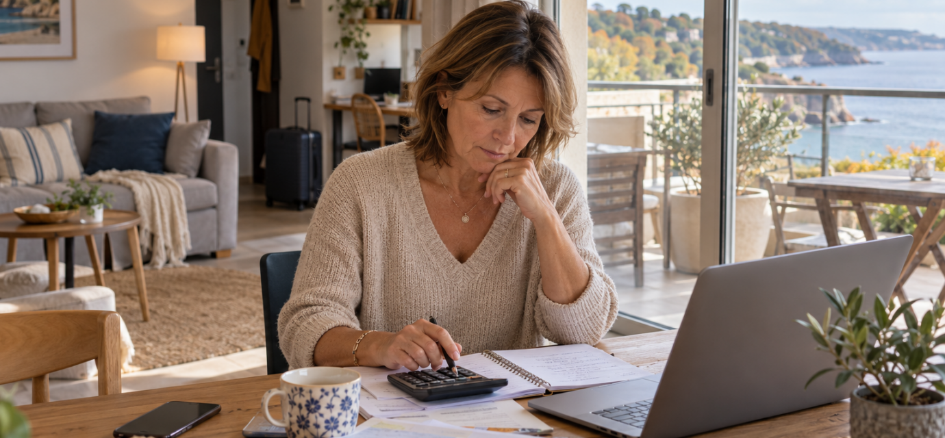 Meublés touristiques : comment comparer exploitation et location longue durée ? Une propriétaire examine ses comptes et une calculatrice dans un appartement meublé en automne.