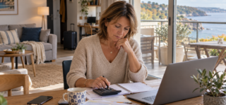 Une propriétaire examine ses comptes et une calculatrice dans un appartement meublé en automne.