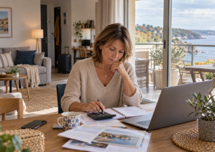 Une propriétaire examine ses comptes et une calculatrice dans un appartement meublé en automne.