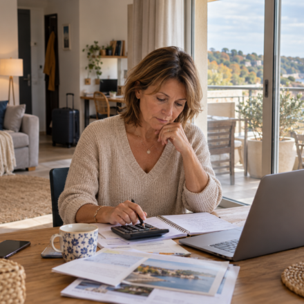Une propriétaire examine ses comptes et une calculatrice dans un appartement meublé en automne.