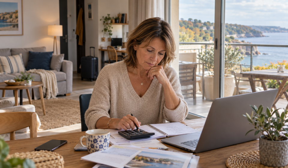 Une propriétaire examine ses comptes et une calculatrice dans un appartement meublé en automne.