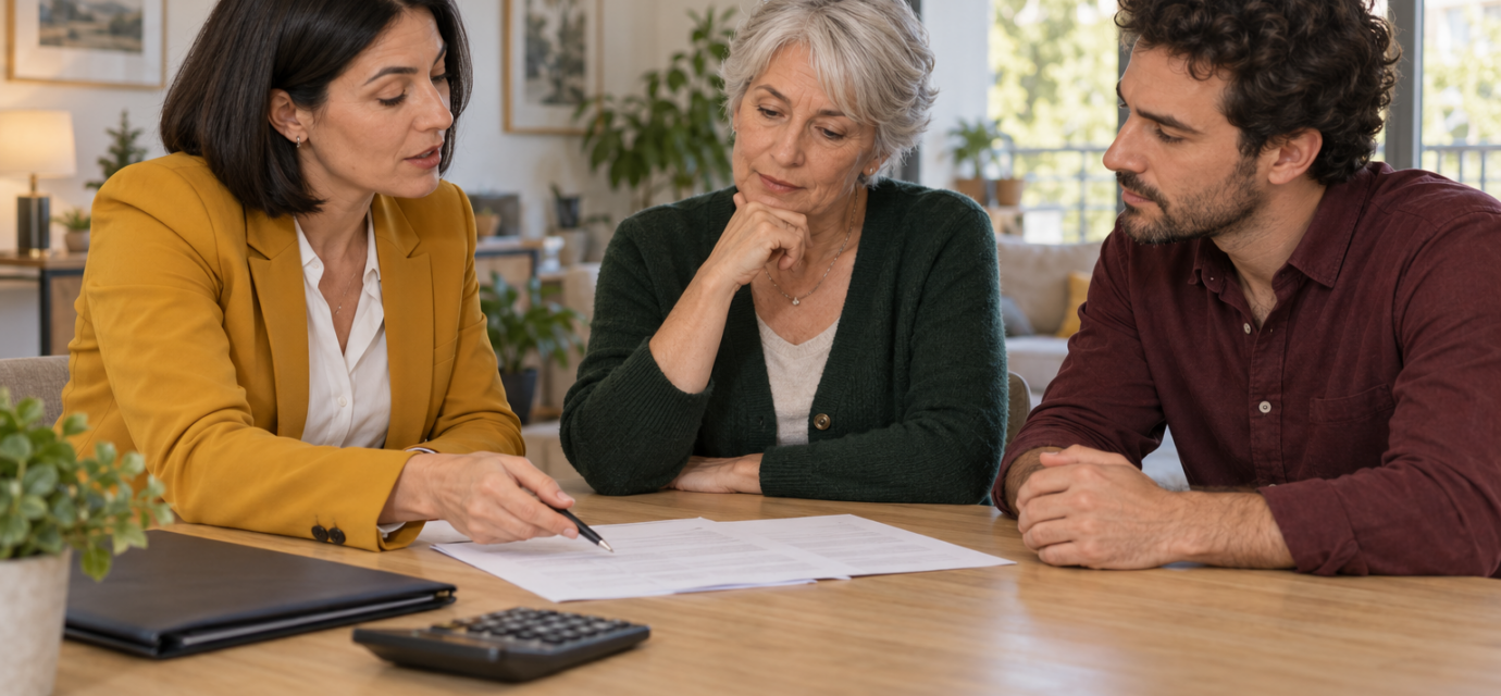 Une conseillère immobilière examine des documents avec une vendeuse et un acquéreur autour d’une table.
