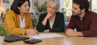 Une conseillère immobilière examine des documents avec une vendeuse et un acquéreur autour d’une table.