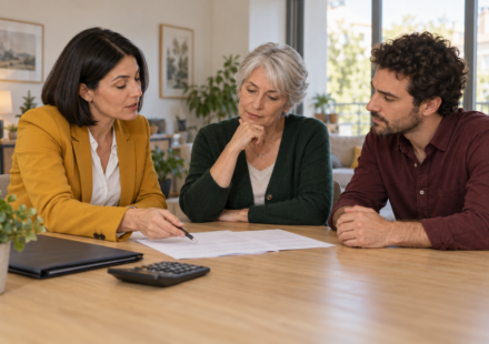 Une conseillère immobilière examine des documents avec une vendeuse et un acquéreur autour d’une table.