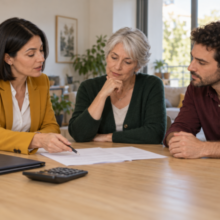 Une conseillère immobilière examine des documents avec une vendeuse et un acquéreur autour d’une table.