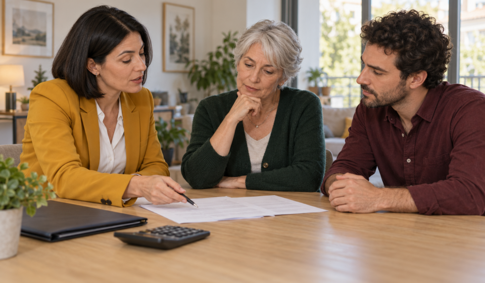 Une conseillère immobilière examine des documents avec une vendeuse et un acquéreur autour d’une table.