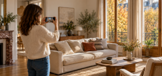 Une femme photographie au smartphone un salon éclairé par de grandes fenêtres en automne.