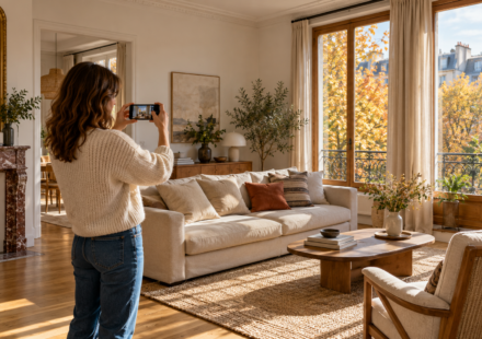 Photographies d’automne : comment restituer la lumière d’un logement ? Une femme photographie au smartphone un salon éclairé par de grandes fenêtres en automne.