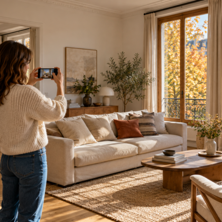 Une femme photographie au smartphone un salon éclairé par de grandes fenêtres en automne.