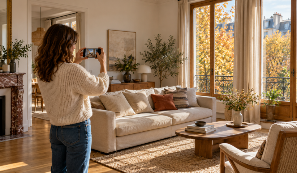 Photographies d’automne : comment restituer la lumière d’un logement ? Une femme photographie au smartphone un salon éclairé par de grandes fenêtres en automne.