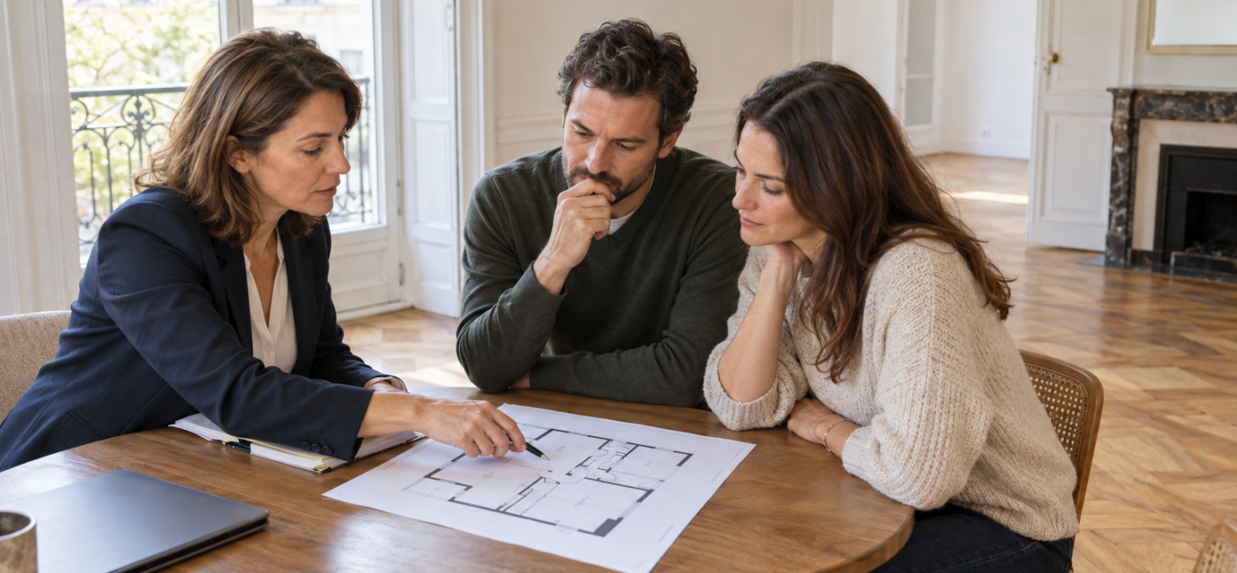 Une agente immobilière présente un plan de logement à un couple autour d’une table dans un appartement.