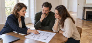Une agente immobilière présente un plan de logement à un couple autour d’une table dans un appartement.