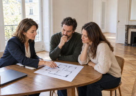 Faut-il publier un plan du logement pour obtenir des visites plus pertinentes ? Une agente immobilière présente un plan de logement à un couple autour d’une table dans un appartement.