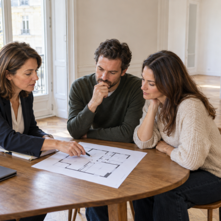 Faut-il publier un plan du logement pour obtenir des visites plus pertinentes ? Une agente immobilière présente un plan de logement à un couple autour d’une table dans un appartement.