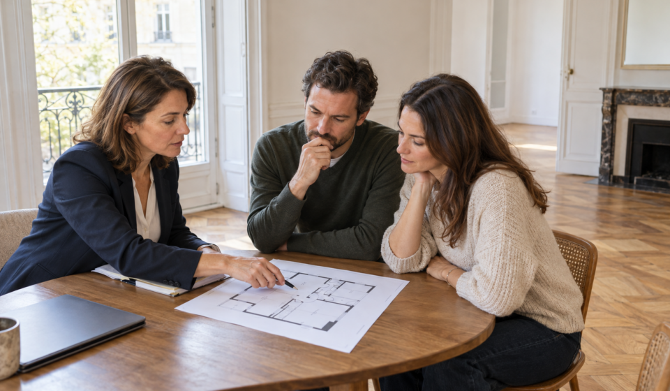 Faut-il publier un plan du logement pour obtenir des visites plus pertinentes ? Une agente immobilière présente un plan de logement à un couple autour d’une table dans un appartement.