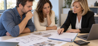 Un couple et une conseillère examinent des devis et un plan de logement autour d’une table.