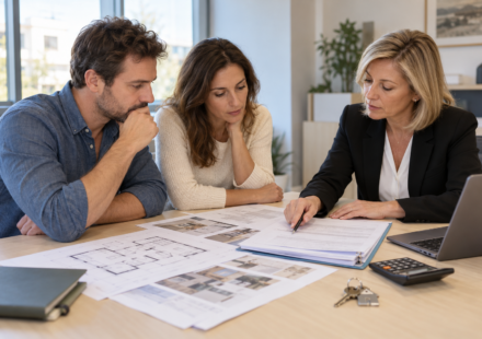 Un couple et une conseillère examinent des devis et un plan de logement autour d’une table.