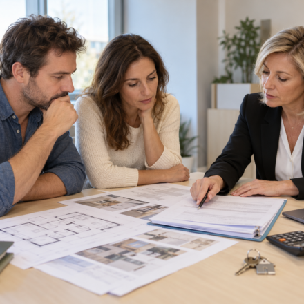 Achat et travaux dans un même prêt : quelles dépenses présenter à la banque ? Un couple et une conseillère examinent des devis et un plan de logement autour d’une table.
