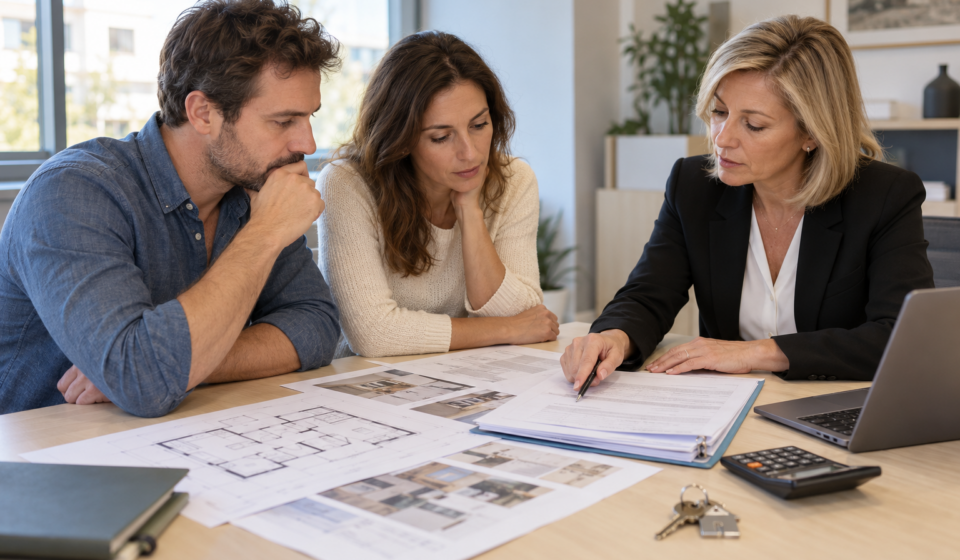 Un couple et une conseillère examinent des devis et un plan de logement autour d’une table.