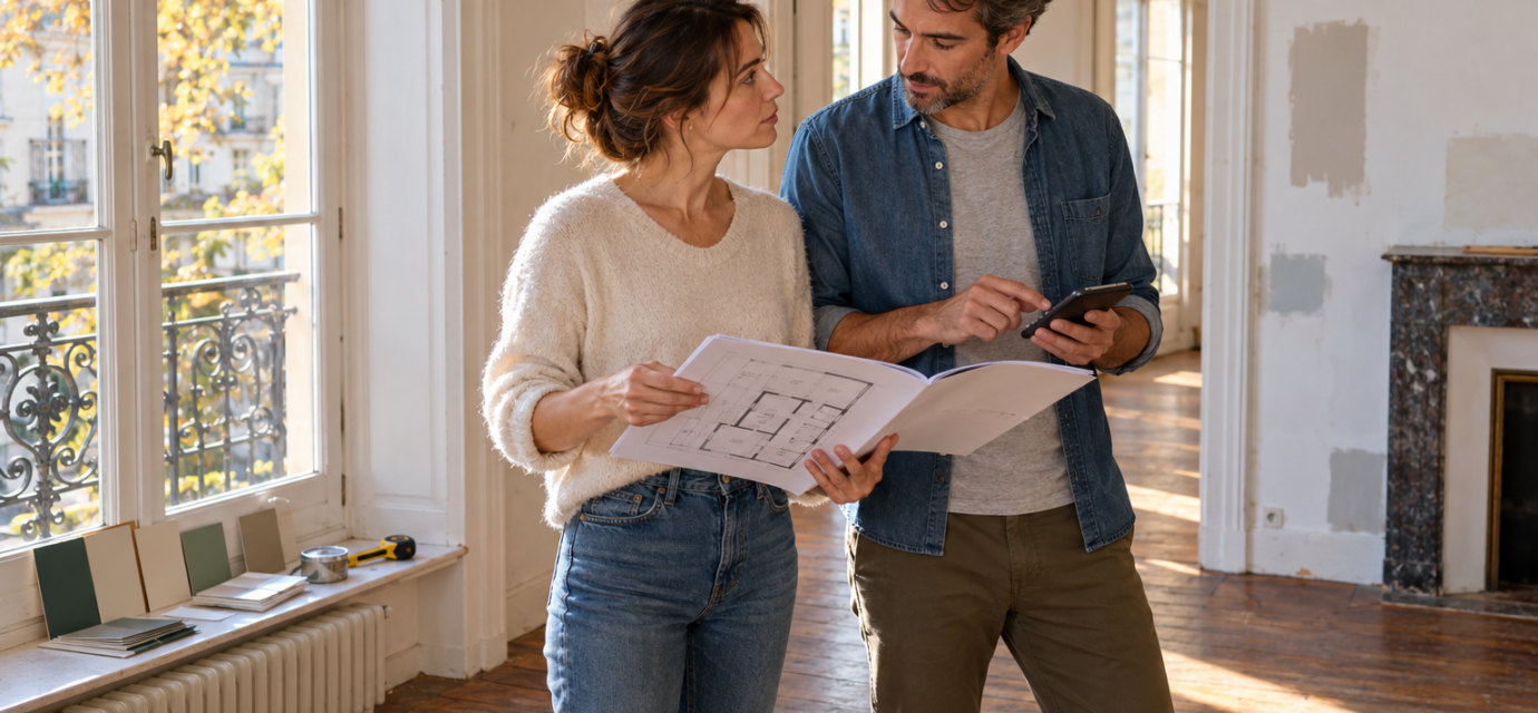 Un couple examine les plans et le budget d’un appartement à rénover.