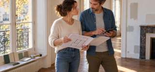 Un couple examine les plans et le budget d’un appartement à rénover.