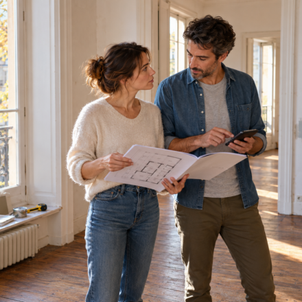 Un couple examine les plans et le budget d’un appartement à rénover.