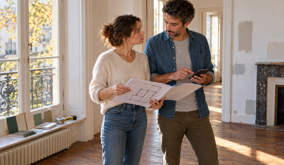 Un couple examine les plans et le budget d’un appartement à rénover.