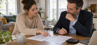 Une femme examine des documents avec un homme autour d’une table, avec une calculatrice à proximité.