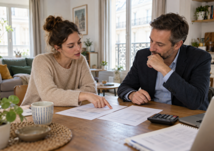Provision ou forfait de charges : comment éviter les mauvaises comparaisons ? Une femme examine des documents avec un homme autour d’une table, avec une calculatrice à proximité.