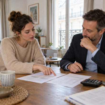 Une femme examine des documents avec un homme autour d’une table, avec une calculatrice à proximité.