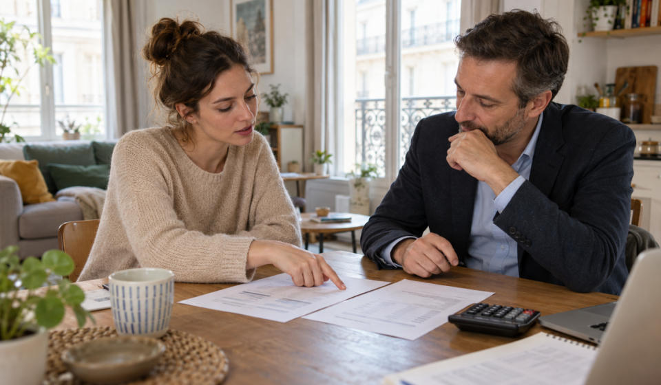 Une femme examine des documents avec un homme autour d’une table, avec une calculatrice à proximité.