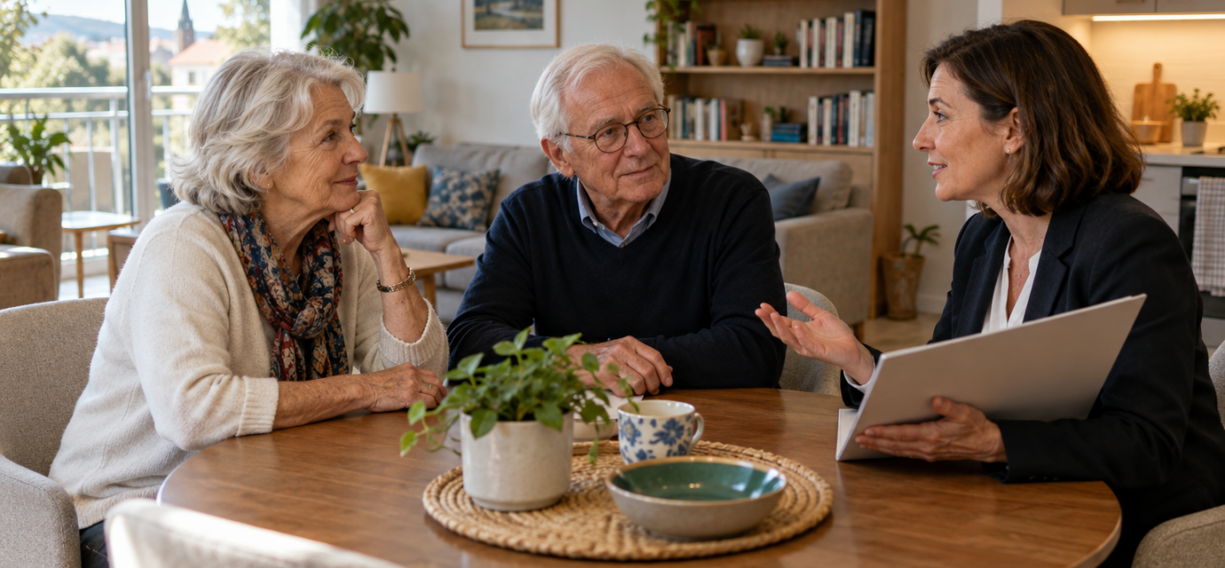 Résidences seniors : que faut-il comparer au-delà du prix de l’appartement ? Un couple de seniors échange avec une conseillère autour d’une table dans un appartement lumineux avec kitchenette.