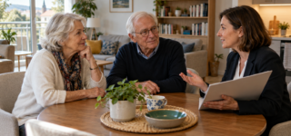 Un couple de seniors échange avec une conseillère autour d’une table dans un appartement lumineux avec kitchenette.