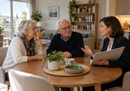 Un couple de seniors échange avec une conseillère autour d’une table dans un appartement lumineux avec kitchenette.