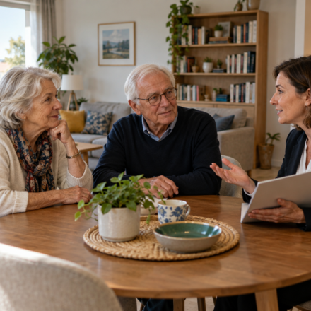 Résidences seniors : que faut-il comparer au-delà du prix de l’appartement ? Un couple de seniors échange avec une conseillère autour d’une table dans un appartement lumineux avec kitchenette.