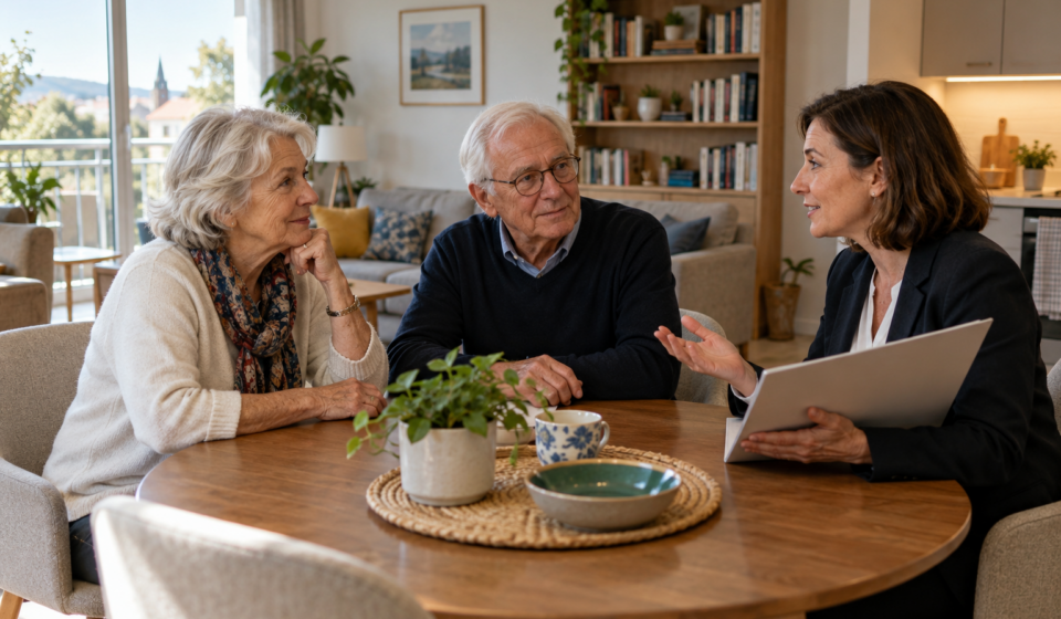 Résidences seniors : que faut-il comparer au-delà du prix de l’appartement ? Un couple de seniors échange avec une conseillère autour d’une table dans un appartement lumineux avec kitchenette.