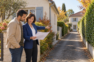 Une agente immobilière et un acquéreur examinent un plan près d’un chemin qui mène à une maison.
