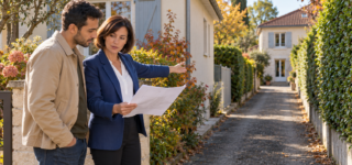 Une agente immobilière et un acquéreur examinent un plan près d’un chemin qui mène à une maison.