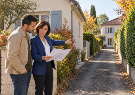 Servitude de passage, comment évaluer son impact sur la vie quotidienne ? Une agente immobilière et un acquéreur examinent un plan près d’un chemin qui mène à une maison.