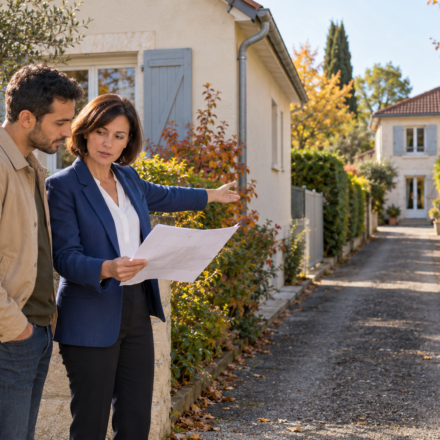 Servitude de passage, comment évaluer son impact sur la vie quotidienne ? Une agente immobilière et un acquéreur examinent un plan près d’un chemin qui mène à une maison.