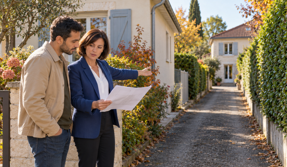 Une agente immobilière et un acquéreur examinent un plan près d’un chemin qui mène à une maison.