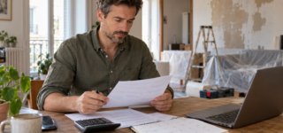 Un homme examine des documents avec une calculatrice et un ordinateur, devant une pièce en rénovation.