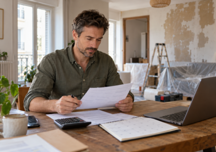 Investissement locatif : comment préserver sa trésorerie lorsque les impôts et les travaux se cumulent ? Un homme examine des documents avec une calculatrice et un ordinateur, devant une pièce en rénovation.