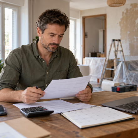 Investissement locatif : comment préserver sa trésorerie lorsque les impôts et les travaux se cumulent ? Un homme examine des documents avec une calculatrice et un ordinateur, devant une pièce en rénovation.