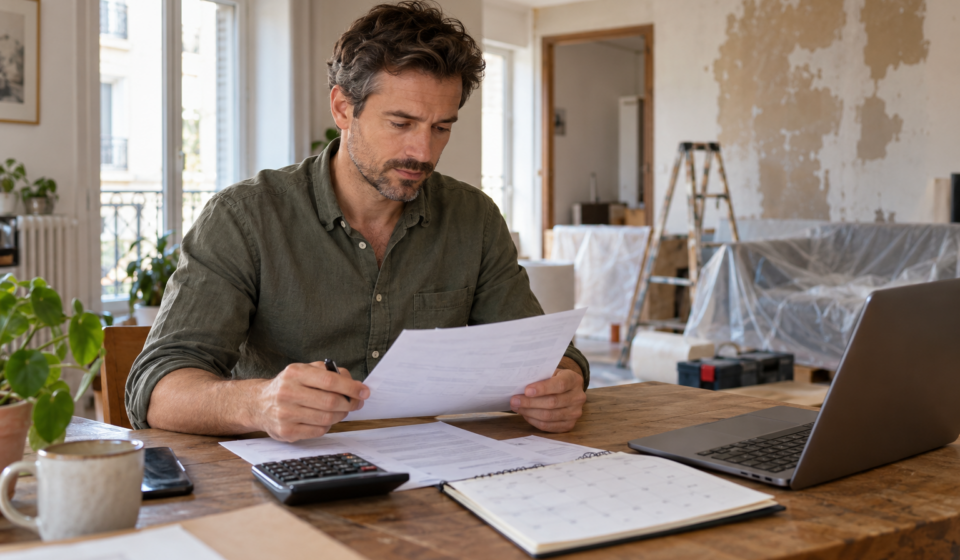 Investissement locatif : comment préserver sa trésorerie lorsque les impôts et les travaux se cumulent ? Un homme examine des documents avec une calculatrice et un ordinateur, devant une pièce en rénovation.