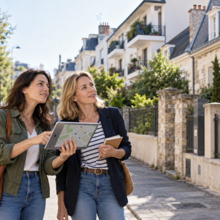 Deux acheteuses consultent une carte sur une tablette dans une rue résidentielle