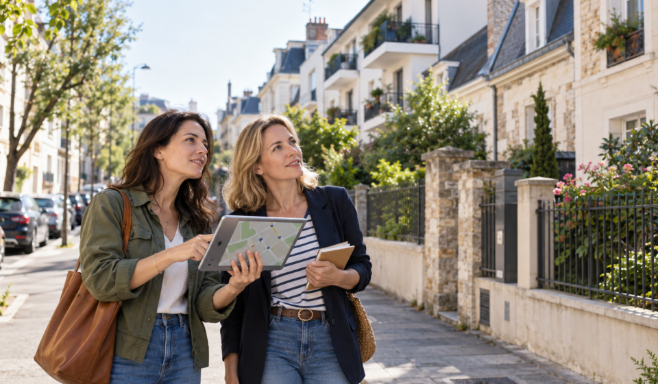 Comment trouver un bien immobilier qui correspond vraiment à son projet ? Deux acheteuses consultent une carte sur une tablette dans une rue résidentielle