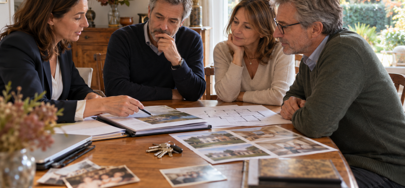 Trois héritiers discutent de l’estimation d’une maison familiale avec une conseillère immobilière.