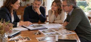 Trois héritiers discutent de l’estimation d’une maison familiale avec une conseillère immobilière.